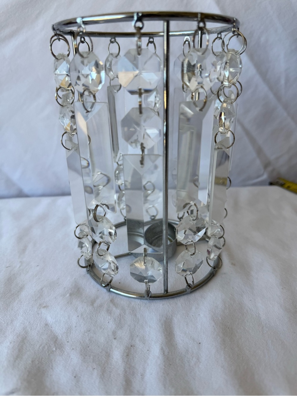 Crystal Beaded Tea Light Holder - Clear and Silver Silver Metal & Clear Glass Cr